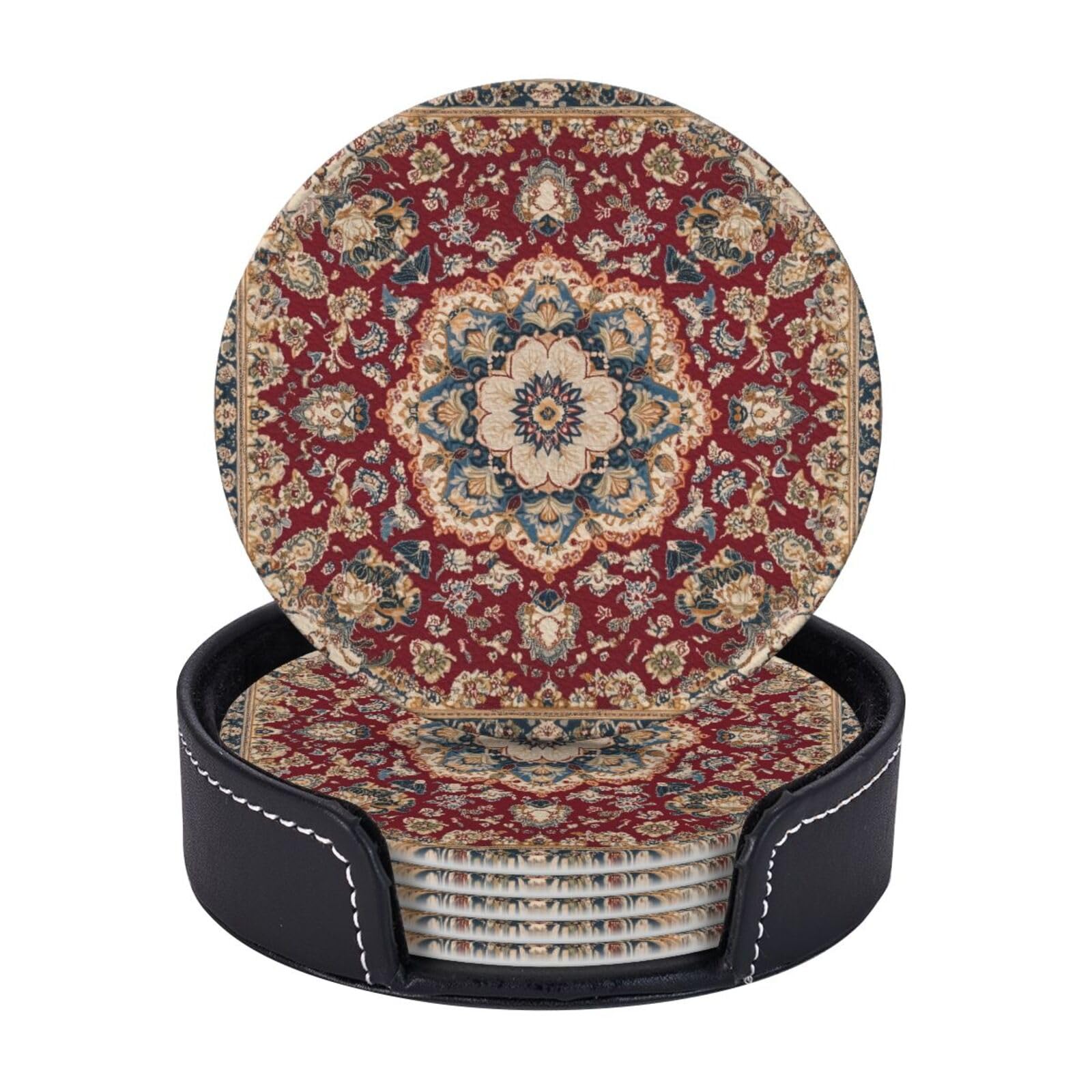 6 Pack Southwest Tribal Leather Coasters for Drinks with Holder Vintage Ethnic Floral Aztec Navajo Coasters Drink Table Cup Mat for Kitchen Dining Cafe Decor Round