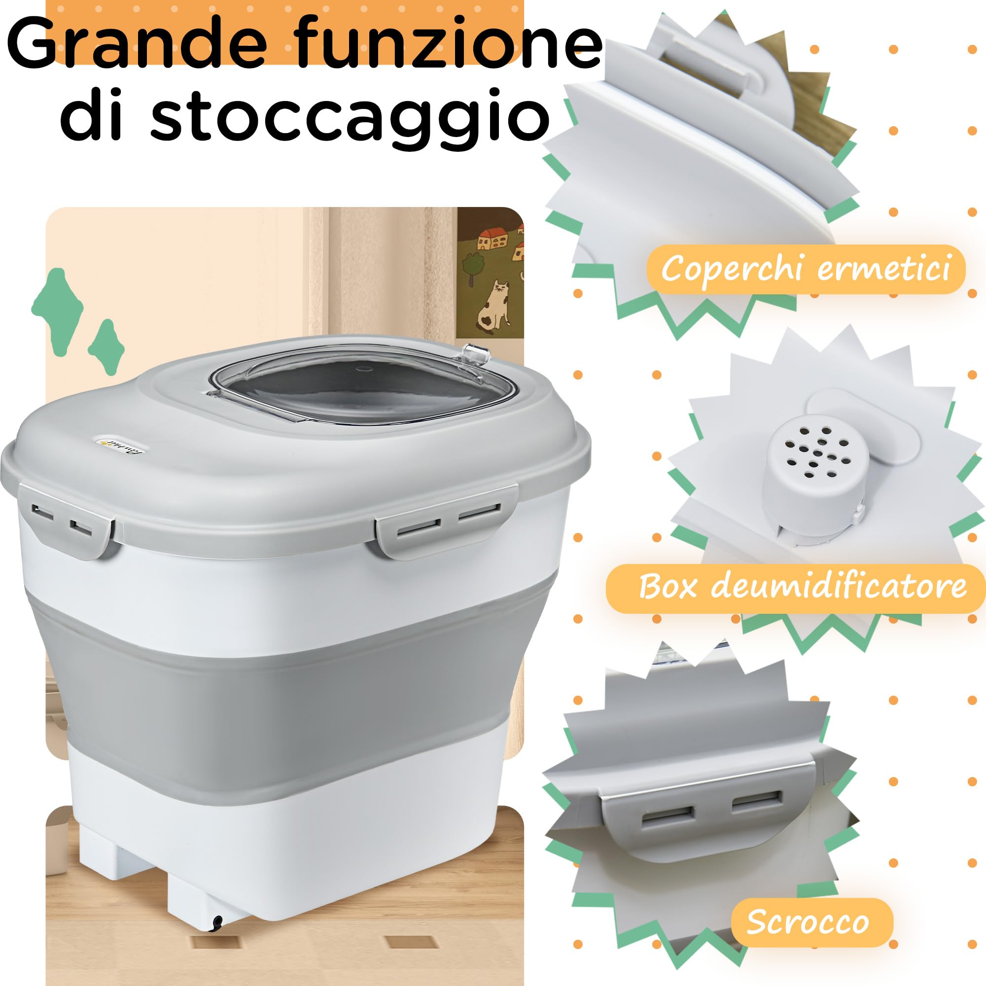 PawHut Porta Crocchette Cani Capacità 5-25L con Chiusura Ermetica e Box Deumidificante, Contenitore Cibo Cani in PP e TPE, 44x32x37 cm, Grigio