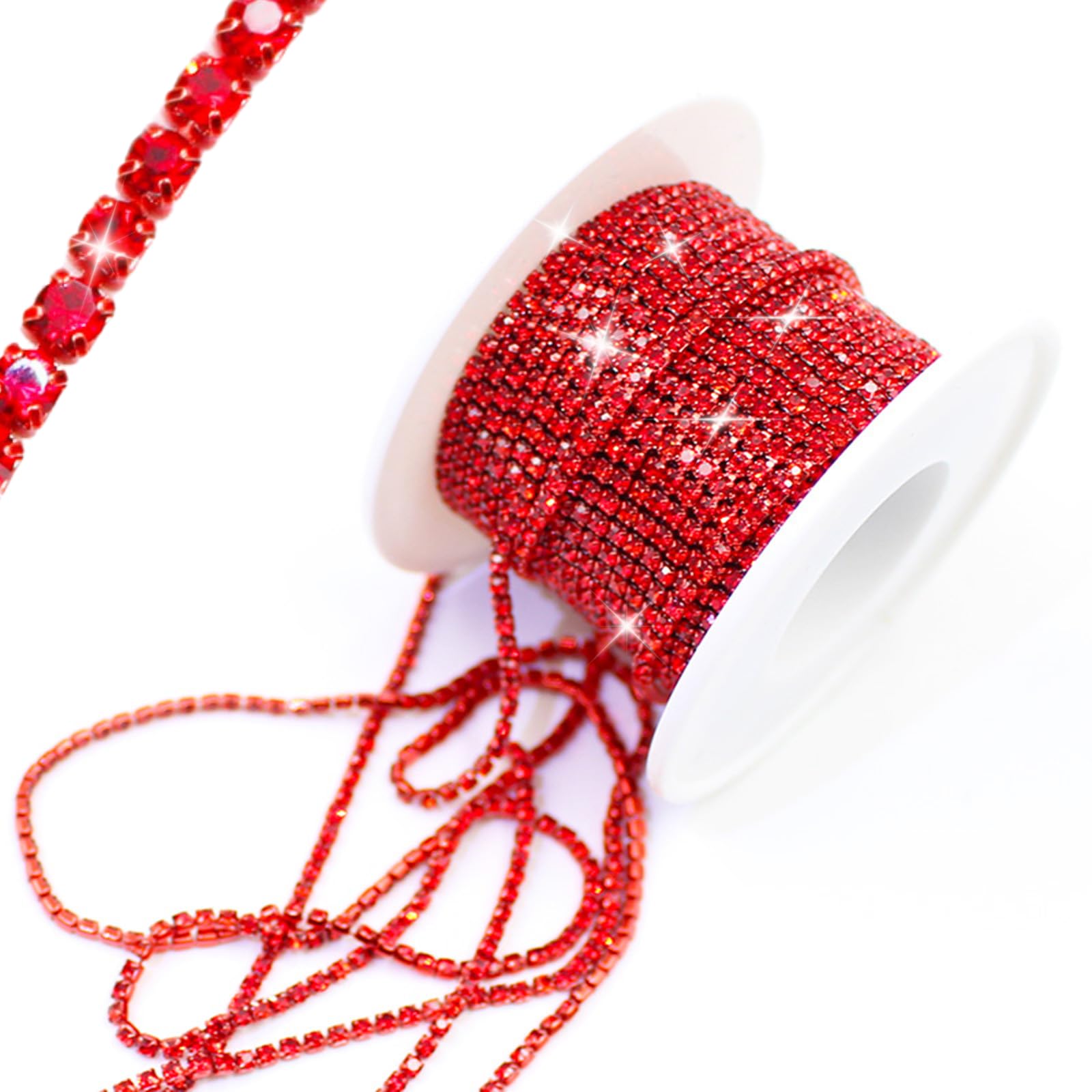 PEARLY JUN 10 Yards Red Rhinestone Chain Light Siam Rhinestone Trim Crystal Artificial Stone Trim Cup Chain SS6 2mm Color Plated Cup Stitch Costume Decoration