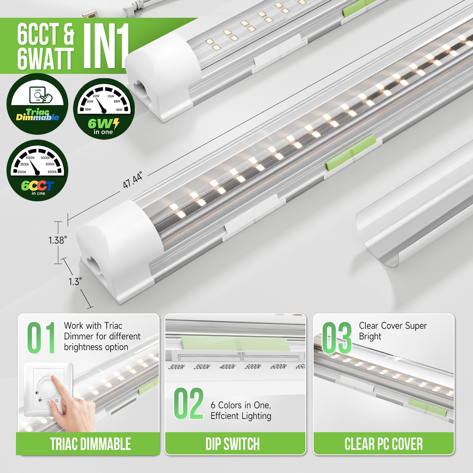 6 Pack Dimmable 4FT Led Shop Lights 30W 4500LM 3000-6500K Tunable T8 Led Commercial Bay Light High Output — view 2