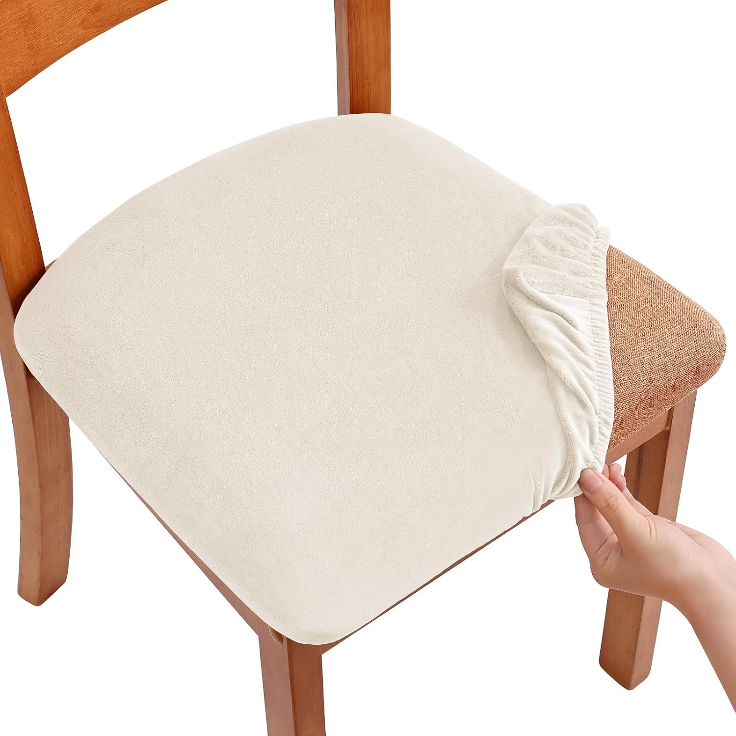 Smiry Velvet Seat Covers for Dining Room Chair Set of 4, Stretch Fit Removable Washable Chair Seat Cushion Protector Slipcovers with Ties, Ivory