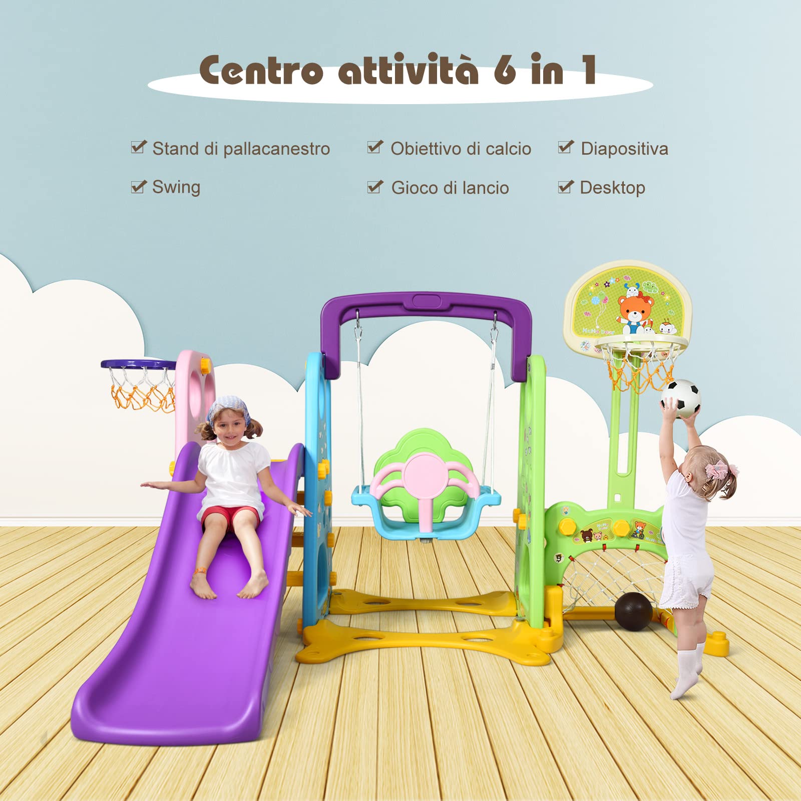 RELAX4LIFE 6 en 1 Tobogán Infantil para Niños, Parque Infantil con Tobogán, Columpio y Canasta Baloncesto, Juego de Toboganes para Niños 18 Meses-5 Años, Casitas Infantiles Interior (Púrpura+Verde)