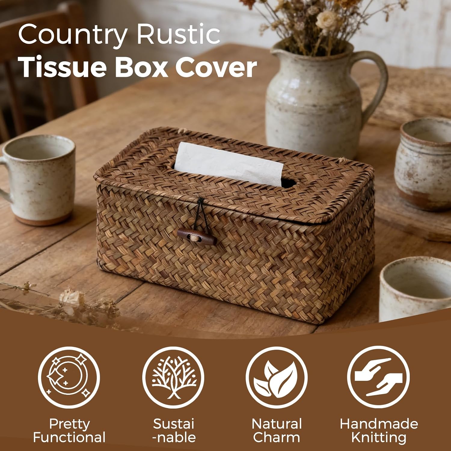 Rectangle Wicker Tissue Box Cover, Woven Seagrass Tissue Holder, Brown | With Lid, Fits 120-Count (3-Ply) / 160-Count (2-Ply) Boxes, Decorative Facial Tissue Holder for Bathroom Office Table