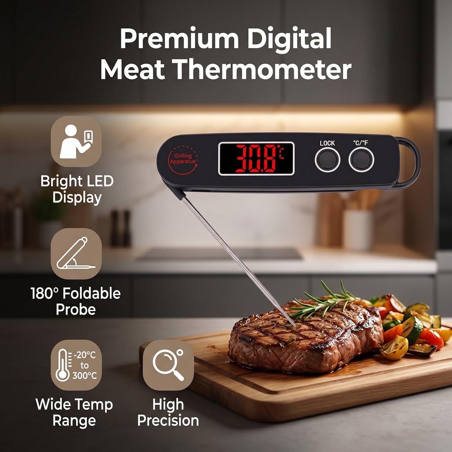 Digital Meat Thermometer, Instant Read Food Thermometer with 0.1C Precision, Foldable Probe, LED Screen, for Cooking Grilling Baking BBQ Kitchen (Black)