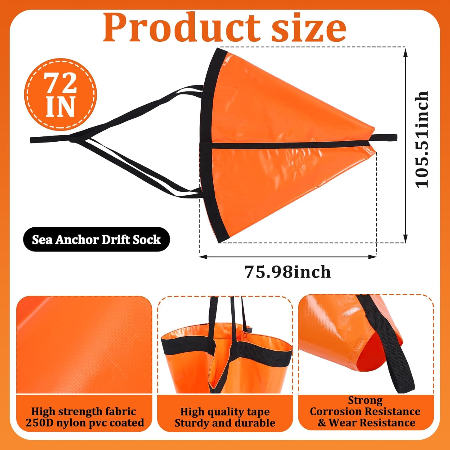 Tandefio 72 Inch Sea Anchor Drift Sock Marine Boat Parachute for 35-40 ft Fishing Boat with 30 ft Kayak Tow Rope Line Buoy Ball Float Leash Sea Brake System for Sail Boat Pontoon Inflatable