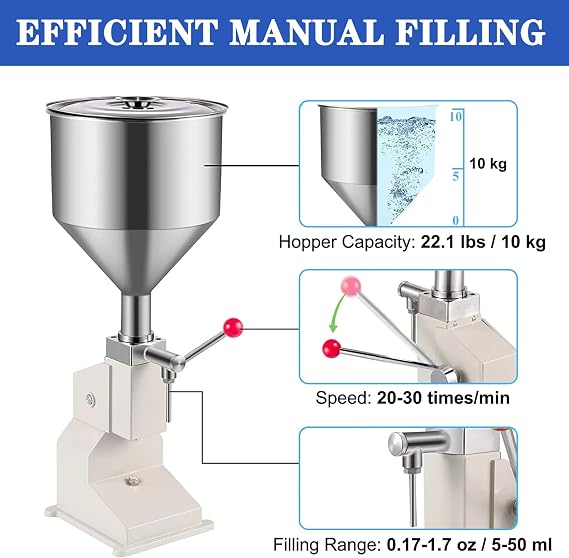 Manual Paste Liquid Filling Machine, 10-100 ML Stainless Steel Bottle Filling Machine, Commerical Adjustable Liquid & Paste Filling Machine with 10L Hopper