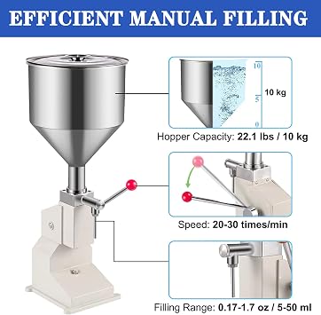 Manual Paste Liquid Filling Machine, 10-100 ML Stainless Steel Bottle Filling Machine, Commerical Adjustable Liquid & Paste Filling Machine with 10L Hopper