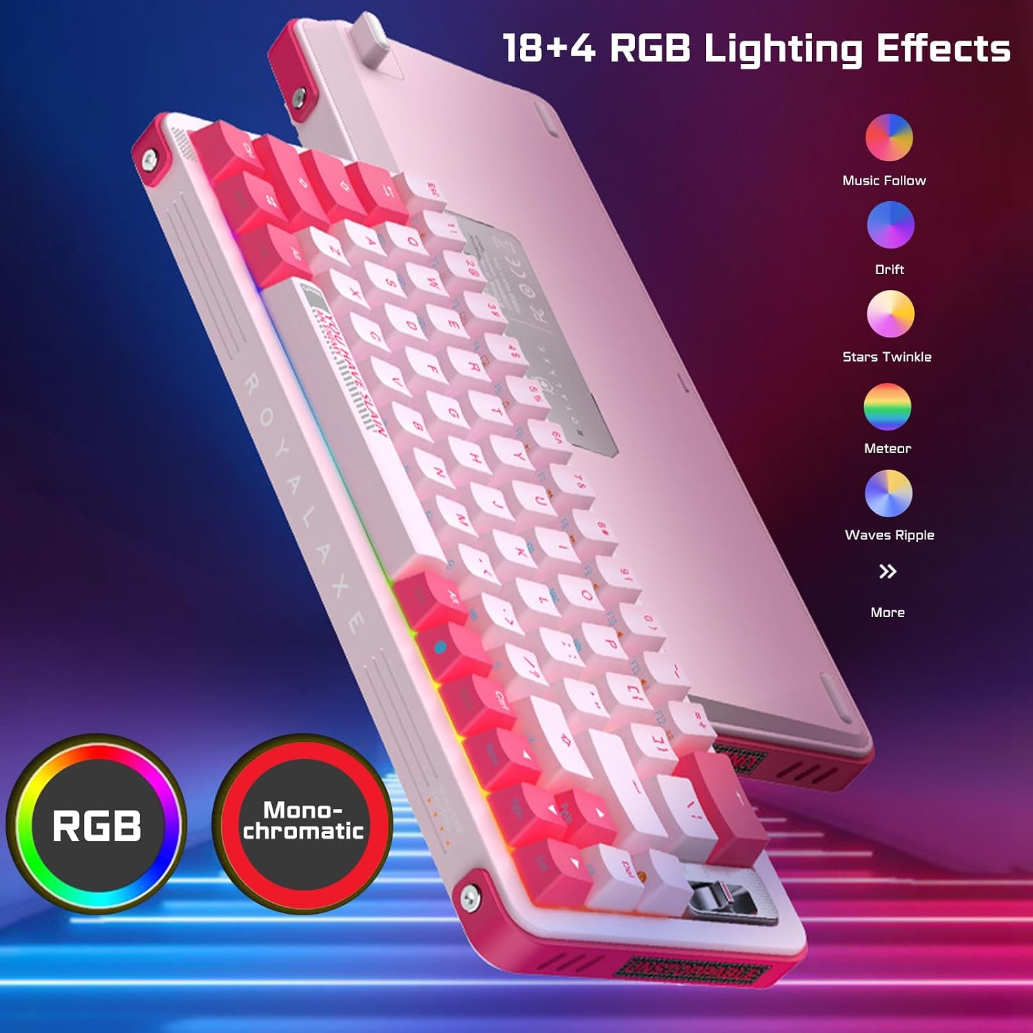 Image showing the keyboard's RGB lighting effects with various color options and modes.