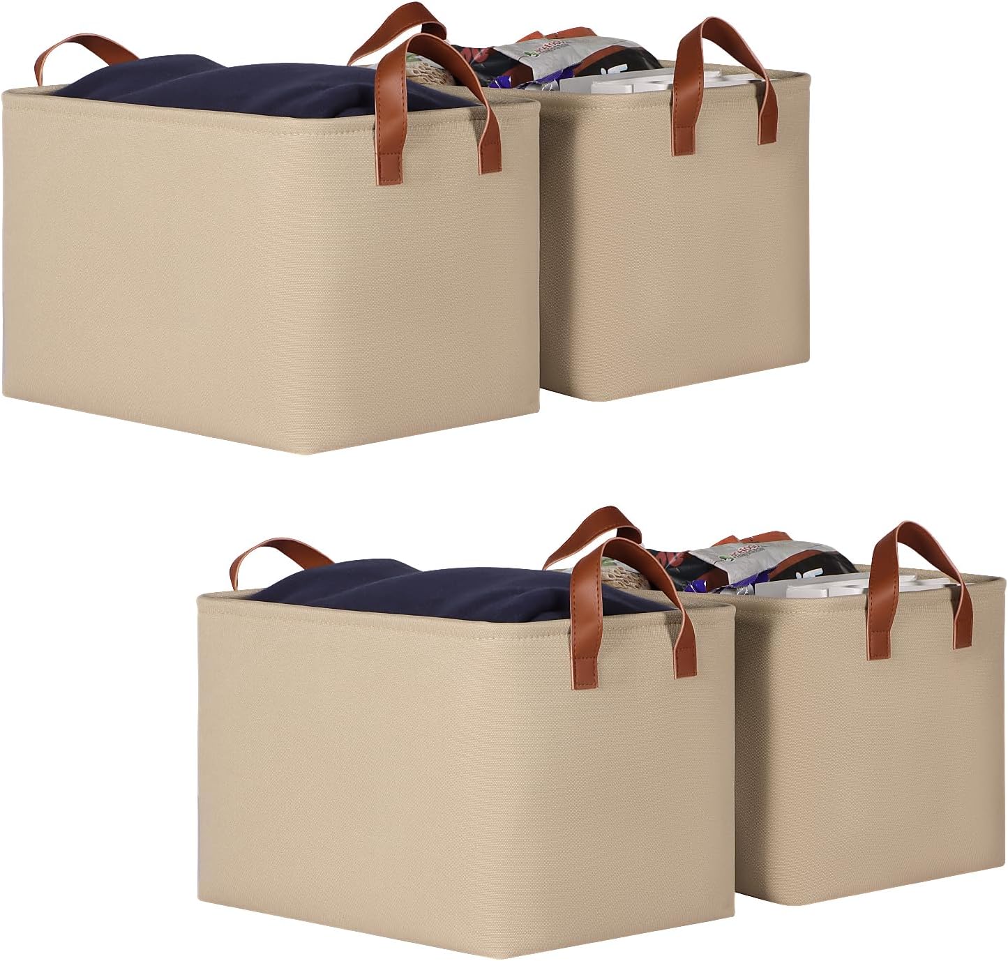 KEEGH Storage Baskets for Organizing, Fabric Storage Bins for Shelves with Leather Handle, Shelf Baskets for Closet Organization Closet Organizer Bins for Clothes, 15" L x 11" W x 10" H, Beige, 4 Pack