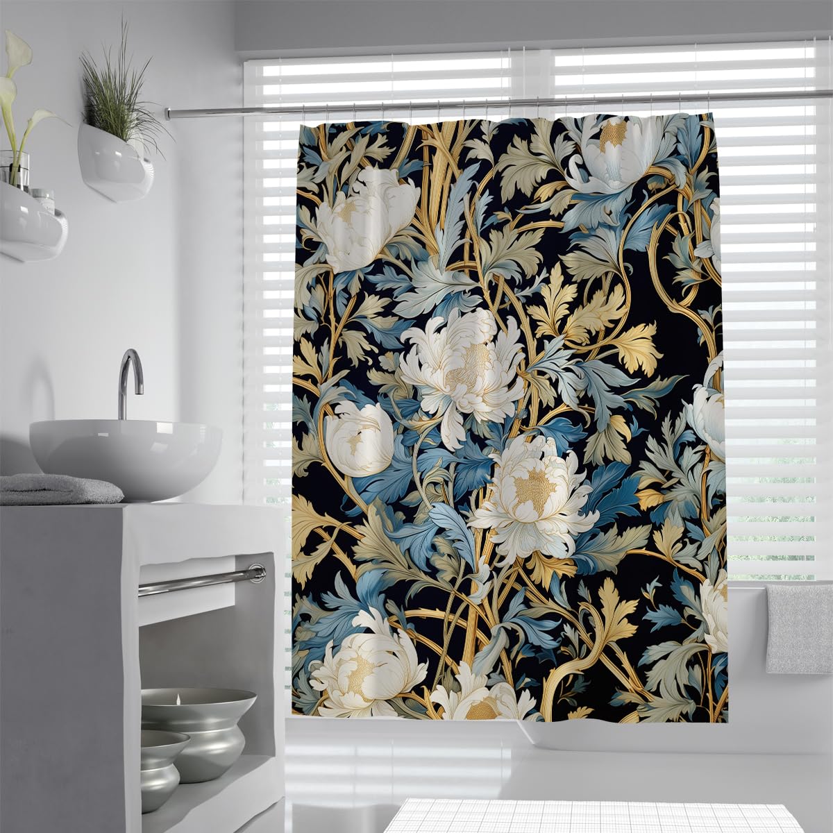 OLLIAR Home Oriental Floral Shower Curtain 90x180 Rustic Wildflower Garden Bathroom Curtains Botanical Cloth Fabric Waterproof Polyester Bath Decor Set with Hooks