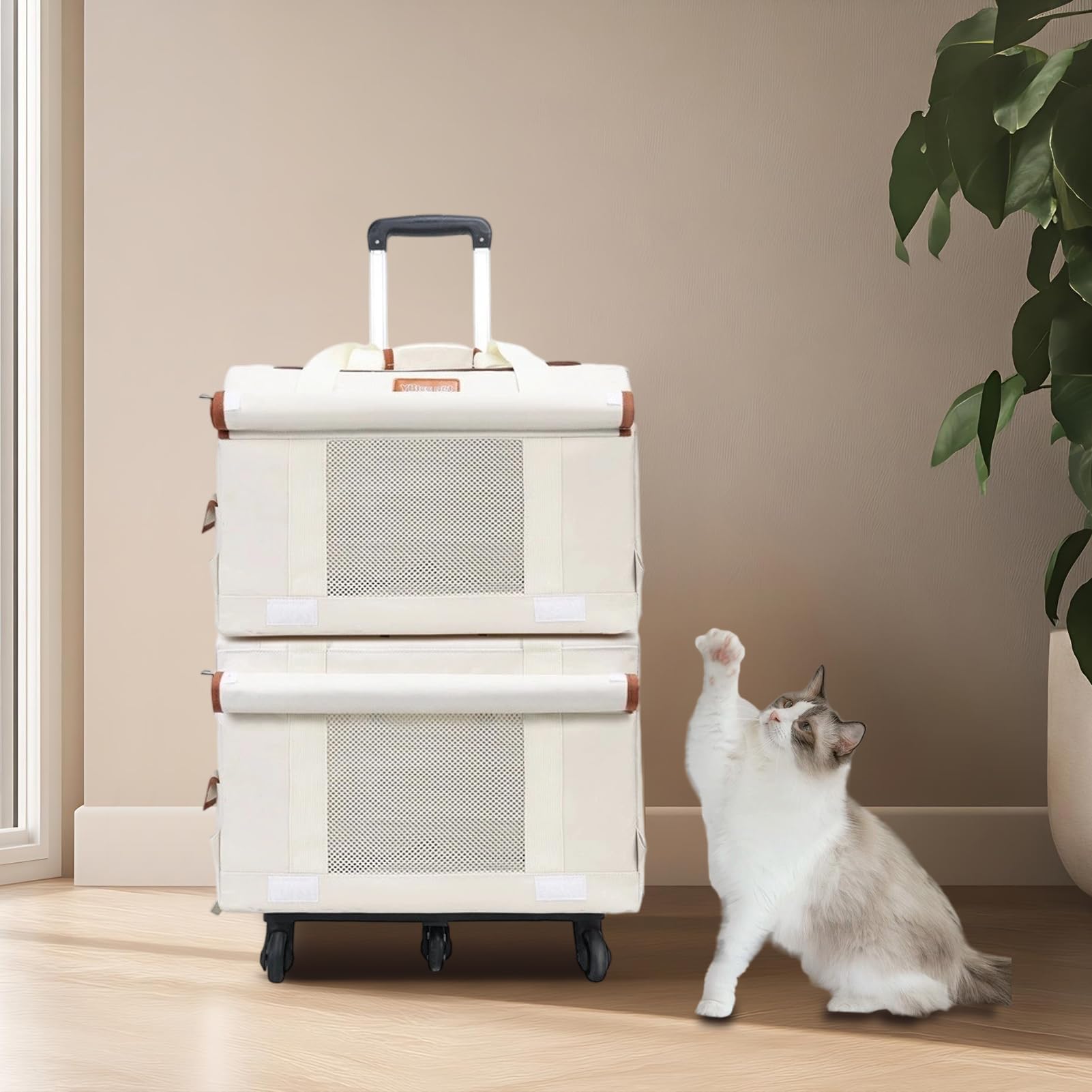 Combo Trasportino per Animali con Carrello e Zaino - Maniglia Staccabile, Ruote e Doppie Borse per 2 Piccoli Animali Domestici Pieghevole Trasportino per Gatti e Cani con Spazio di Stoccaggio