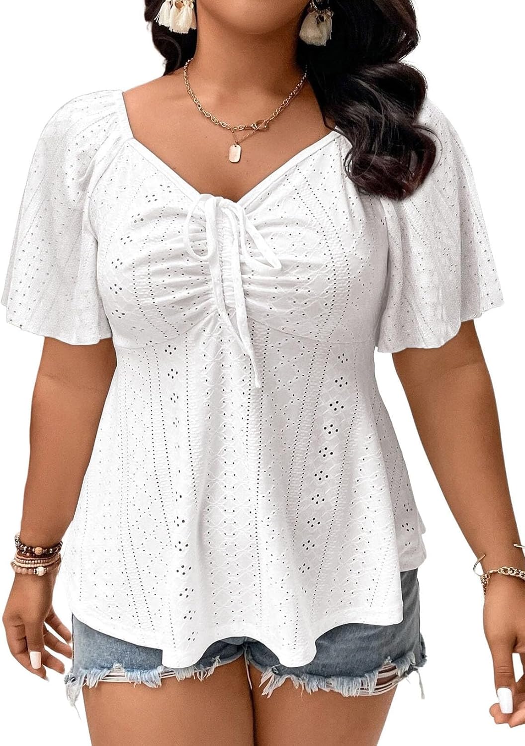Eytino Womens Plus Size Tops Sweetheart Neck Short Sleeve Eyelet Embroidery Summer Loose Peplum Shirts(1X-5X)