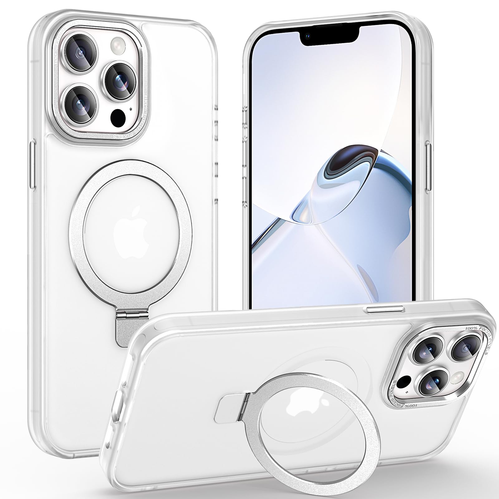 Lufanbis Magnetic for iPhone 13 Pro Case with Ring Stand, [10 FT Drop Protection] [Velvety Touch] Slim Translucent Matte Back Shockproof Phone Case