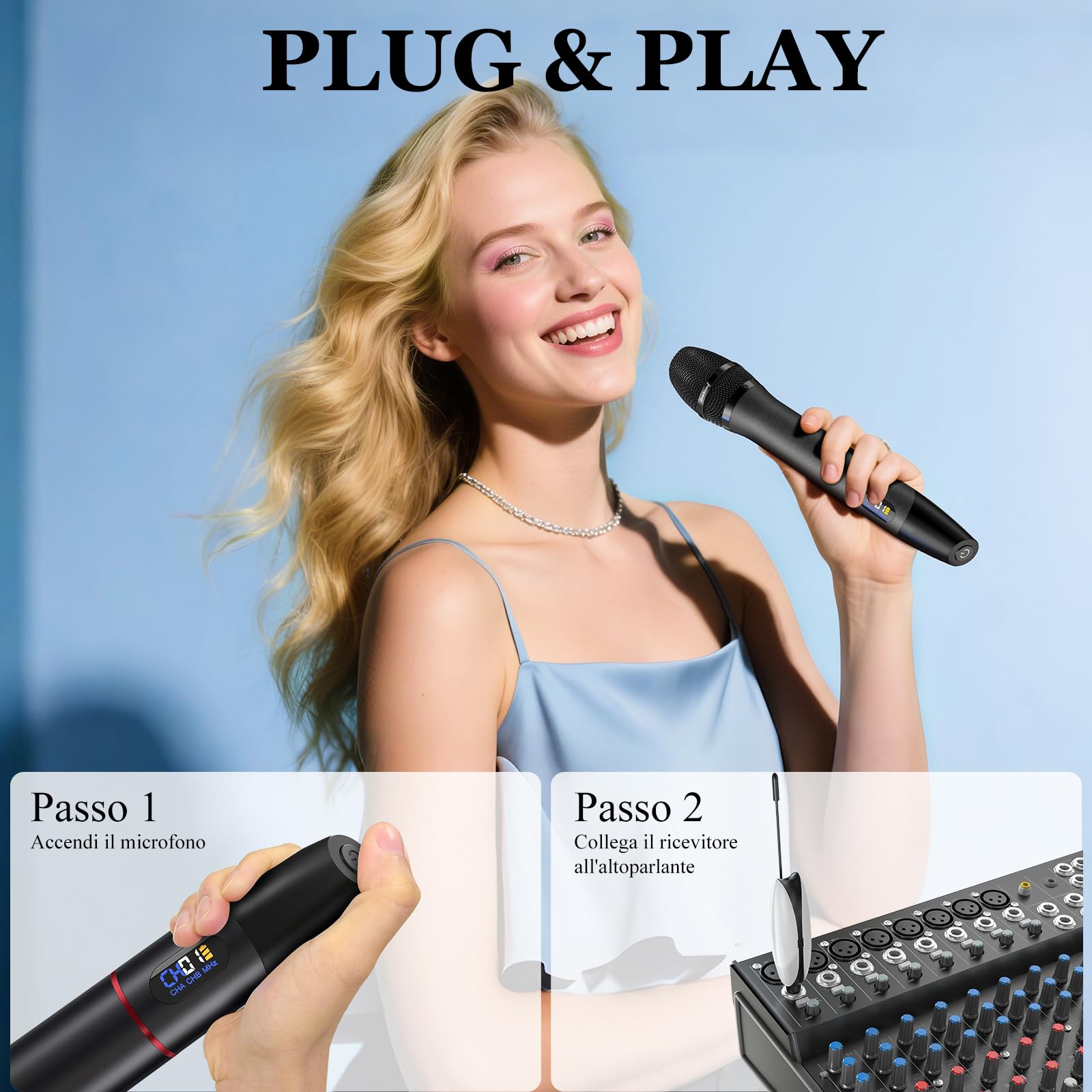 zealsound Microfono wireless, microfono dinamico, 2 microfoni portatili con scansione automatica della frequenza