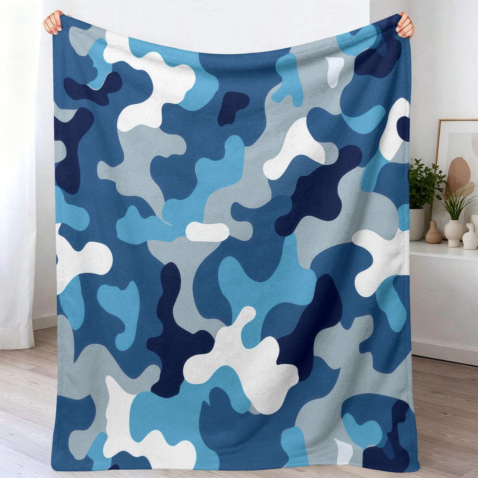 Kamuflaż koc polarowy 150 x 200 cm, miękki koc ciepły wygodny flanelowy nadruk moro dla dorosłych i dzieci, koce hipoalergiczny, niebiesko-szary