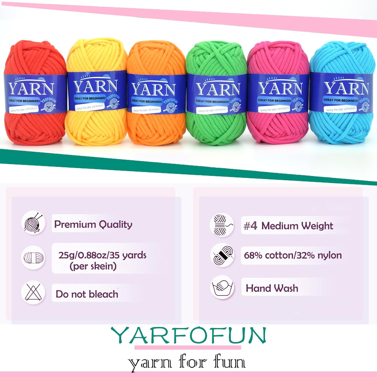 15 Pack Multi Mix Cotton Crochet Yarn - Beginner Friendly with Easy-to-See Stitches - Blue, Green, Pink, Red, Yellow, Orange