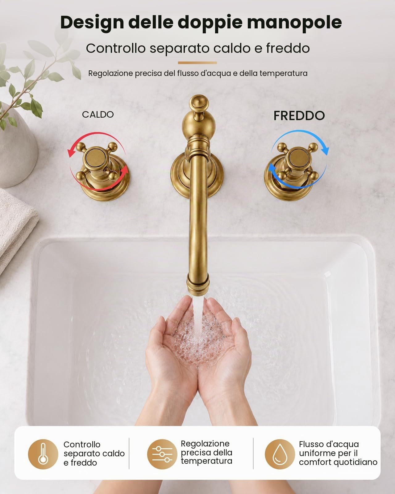 gotonovo, Rubinetto da bagno a due manopole, installazione su piano a 3 fori, con manopole a croce, miscelatore e piletta di scarico coordinata, per lavabo del bagno, ottone antico