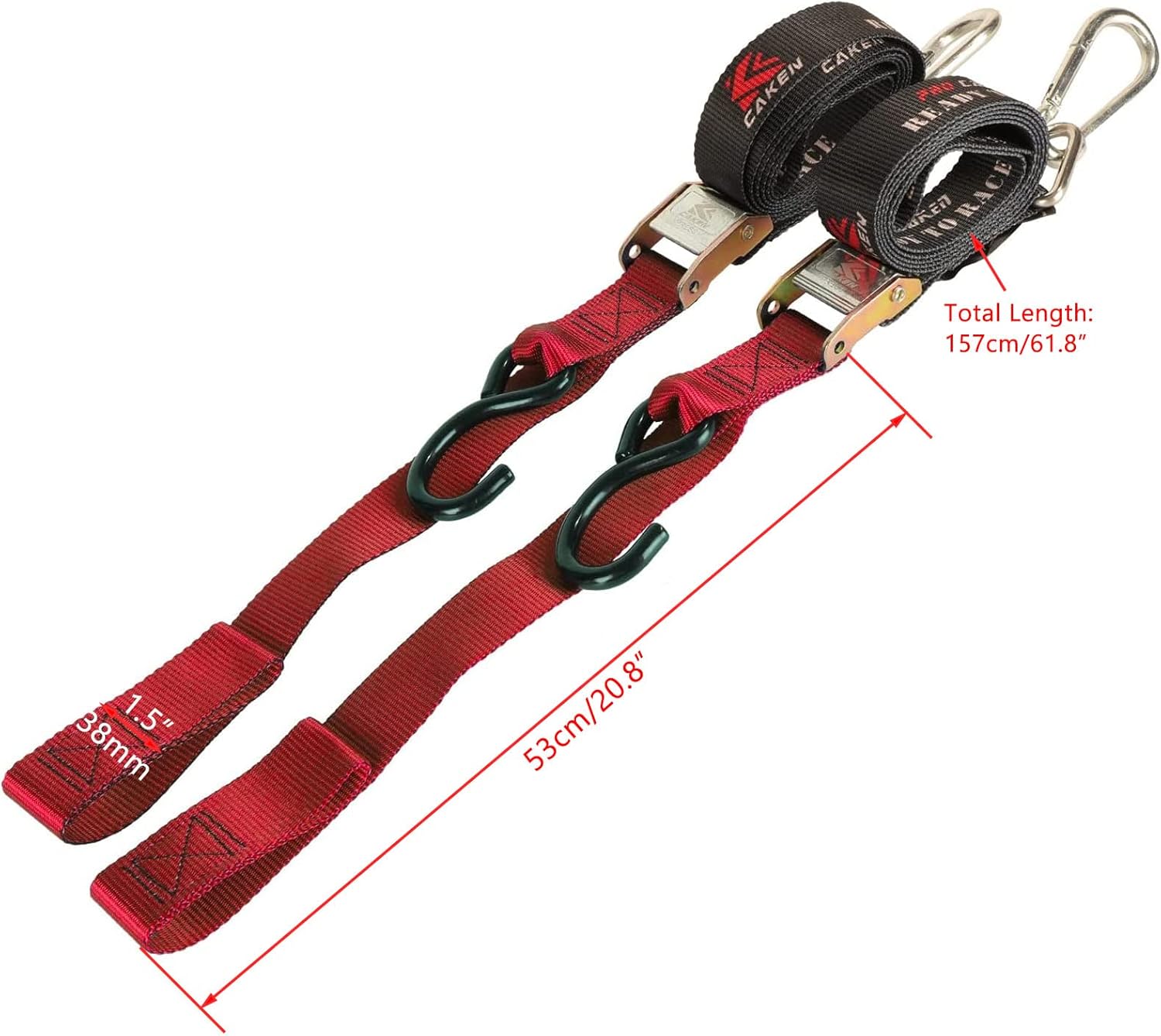 PRO CAKEN 2 PCS 1.5”Width Soft Loop Motorcycle Tie Down Strap-7ft-1500LB Break Strength,Fit for Moving Cargo,Lawn Equipment, Appliance,Motorcycle,with Premium S-Hook & Ratchet Mechanism-Red