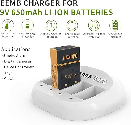 Miniatura 5 de EEMB LP - Cargador de batería recargable de iones de litio de 9 V para baterías de iones de litio 6F22 650mAh 9 voltios para alarma de humo, cámaras