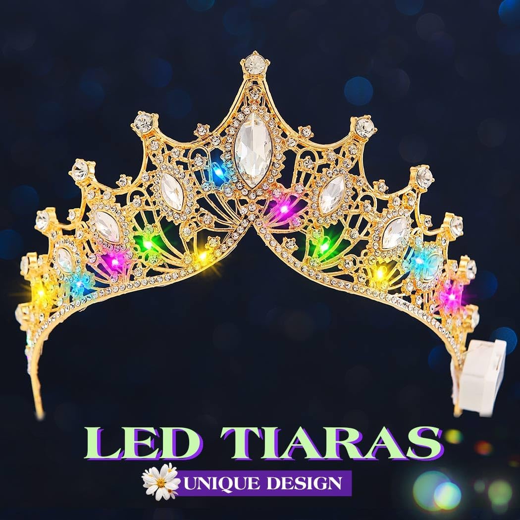 JAKAWIN Light Up Rhinestone Crown Gold Crystal Headpiece Bridal Wedding Hair Accessories for Women - Image 3