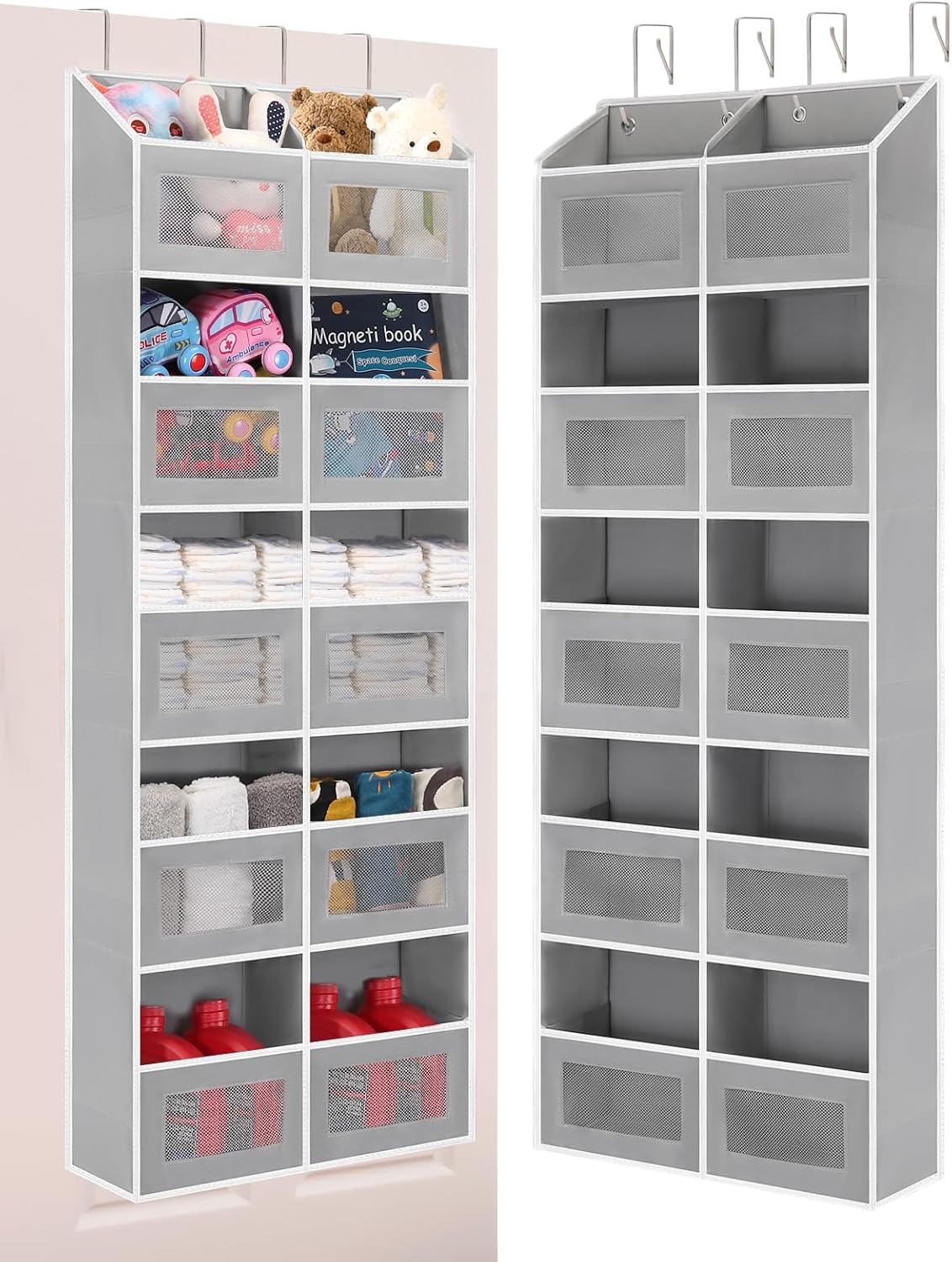 Over the Door Organizer – 10 Compartments, 80 lbs Load Behind Door Storage, Extra Large Hanging Storage Organization, Door Hanging Organizer for Bedroom, Bathroom, Nursery, Shoes, Diaper, Grey