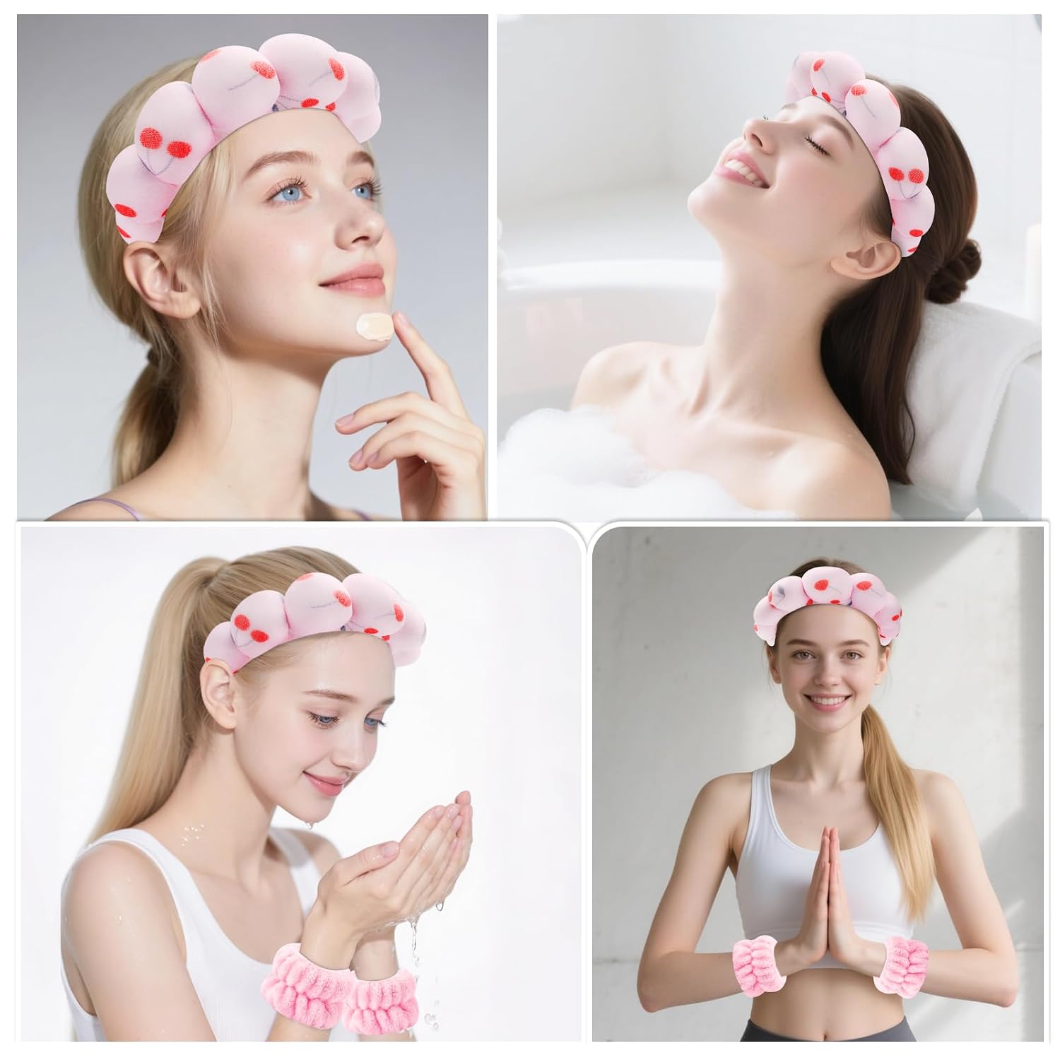 Zkptops Spa Headband for Washing Face Wristband Set Sponge Makeup Skincare Headband Velvet Fabric Bubble Soft Get Ready Hairbands for Women Puffy Headwear Non Slip Thick Thin Hair Accessory (Cherries) image 4