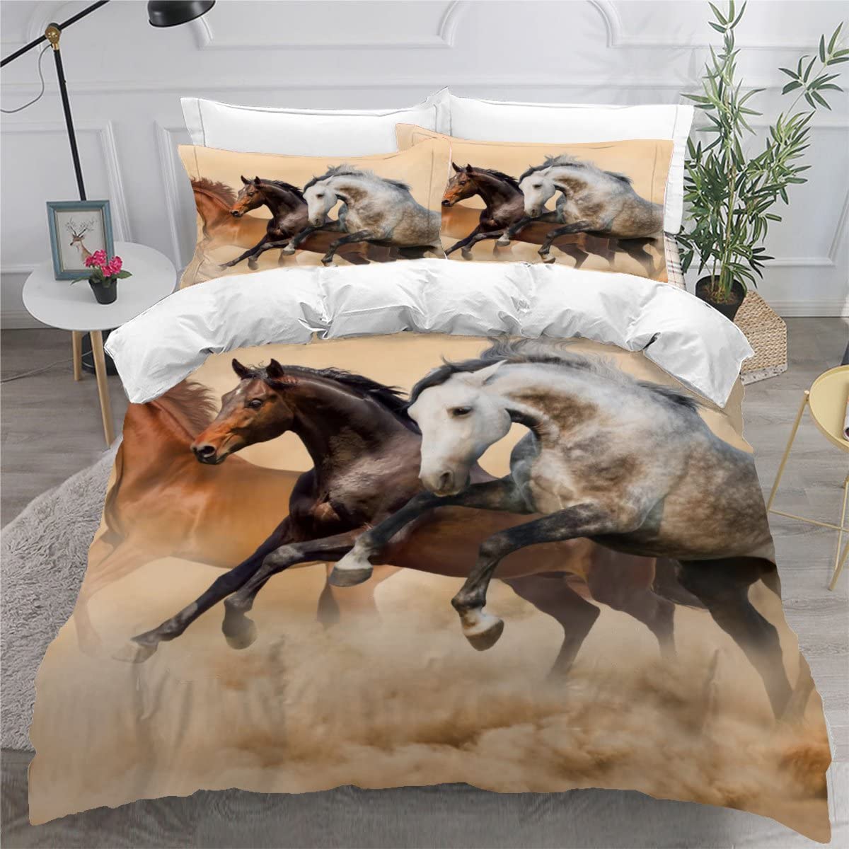 Parure de lit cheval 140x200 cm avec 2 taies d'oreiller en microfibre pour lit 1 personne