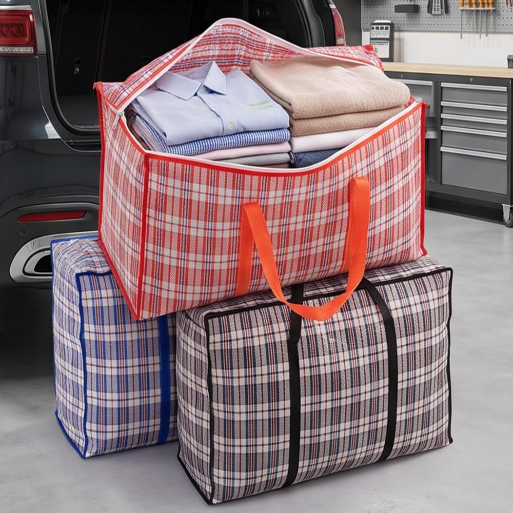 3 Pack Extra Waterproof Large Moving Bags Heavy Duty with Zippers & Carrying Handles, Extra Large Travel Plaid Bag Durable Storage Bags Moving Boxes for Closet Organizers and Storage Red Blue Black