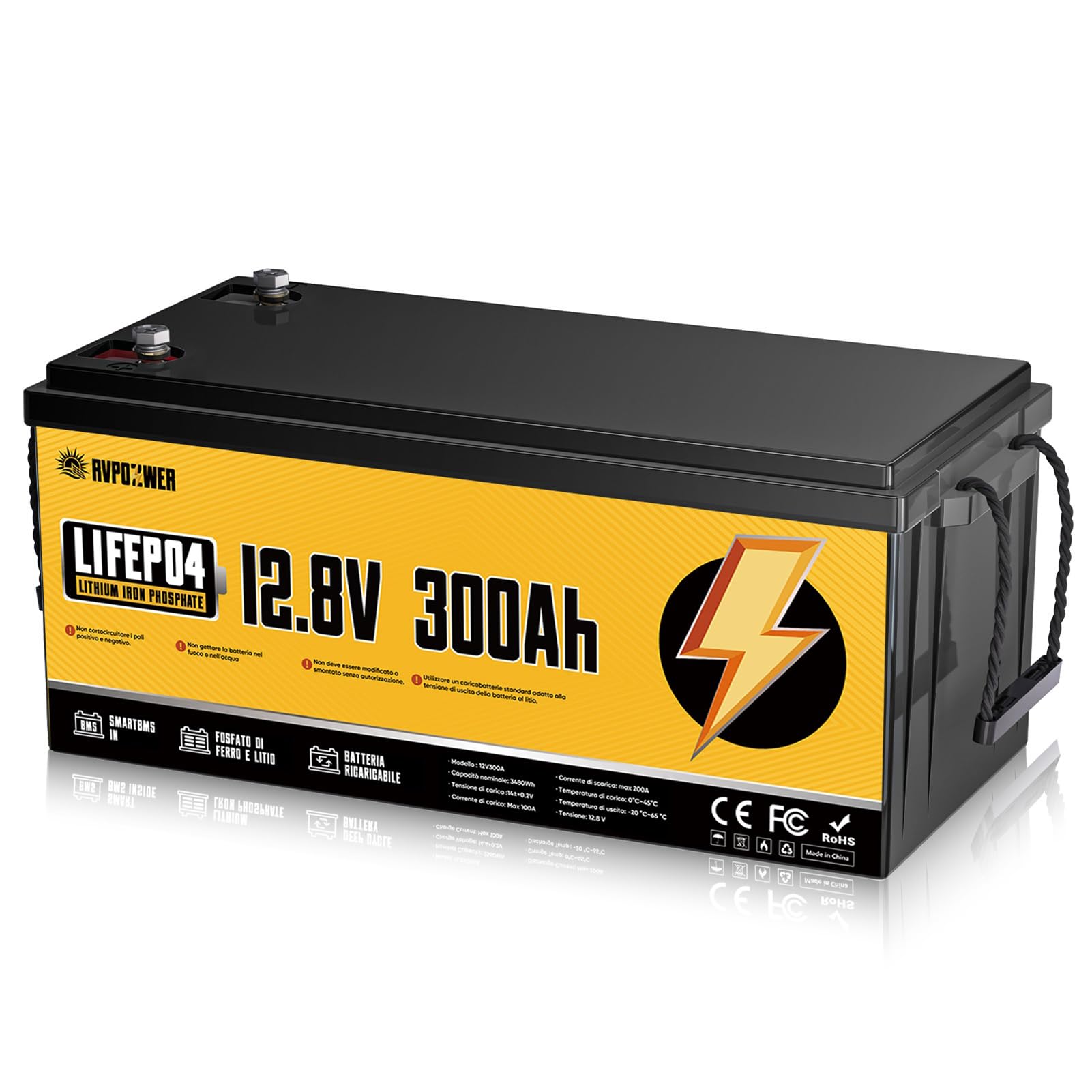 Batteria Litio 12V 300Ah, 3840Wh LiFePO4 Batterie, con BMS Integrato da 200A, 18000 Cicli a Scarica Profonda, Protezione Contro le Basse Temperature, per Off-Grid, Camper e Imbarcazioni