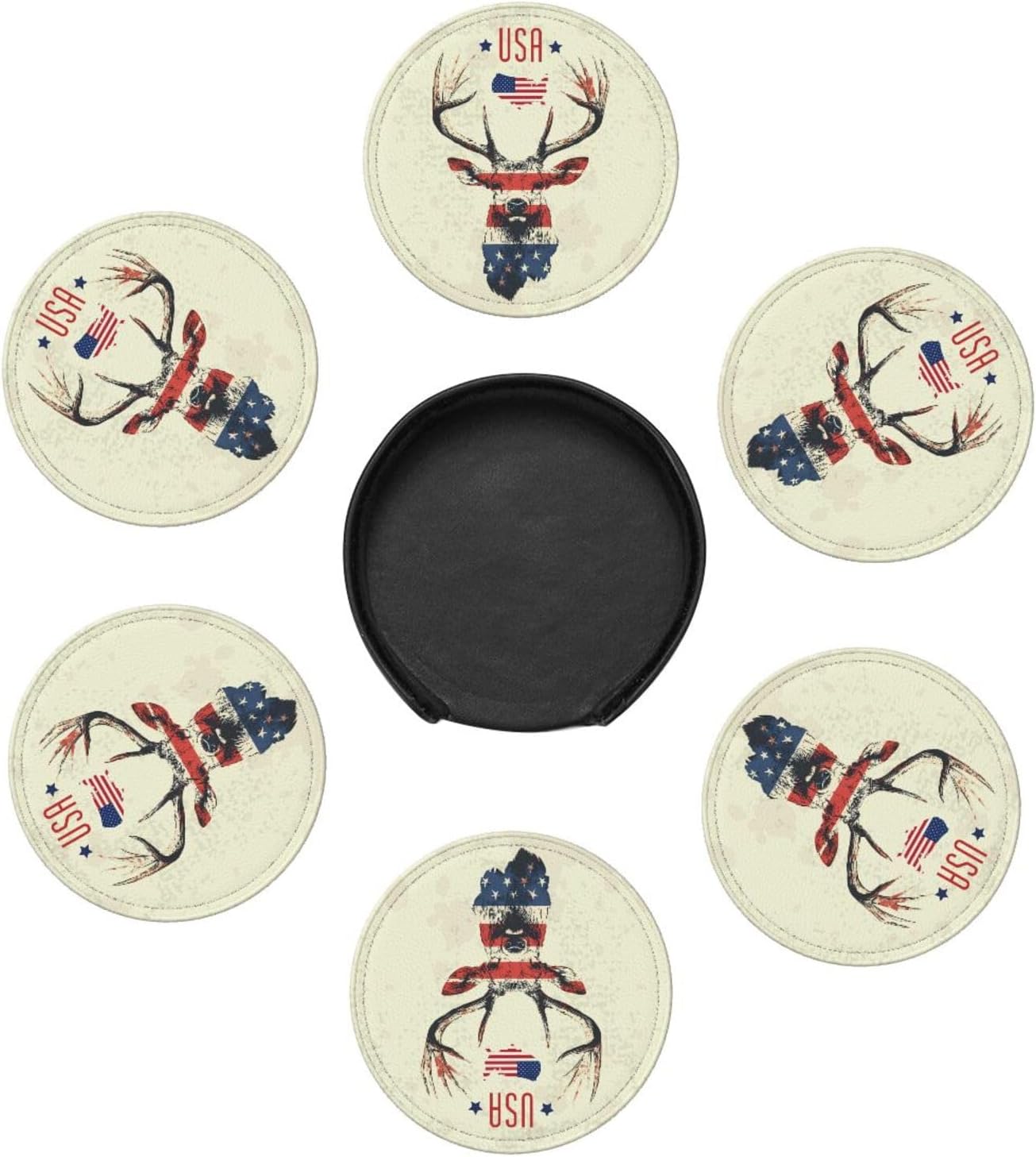 American Flag Leather Coasters Set of 6 Round Vintage Coasters with Holder for Home Office Vintage USA Deer - Image 3