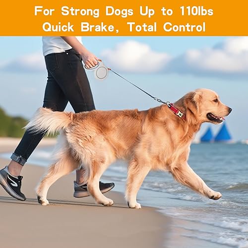 Miniatura 5 de Correa retráctil resistente para perros de hasta 110 libras, gancho anticorrosión de 16 pies y cinta de nailon de alta resistencia, freno con una