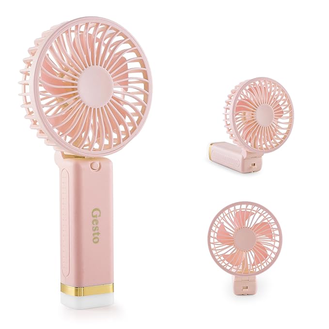 Gesto Portable Fan Rechargeable with LED Light – Foldable Mini Fan, Small Fan,USB Charging Hand Fan with 1200mAh Battery & 3 Speed Modes | Travel, Makeup, Kitchen,Women’s Personal Pankhaa - Pink
