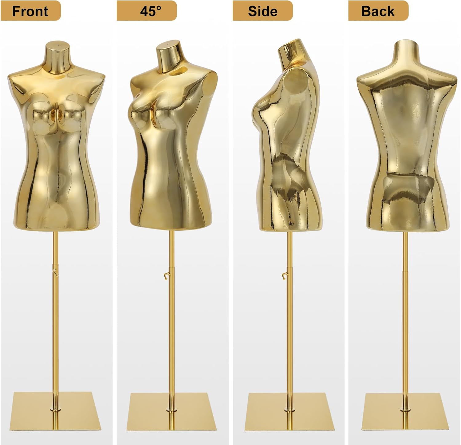 Female Mannequin Dress Form Torso - Manikin Body with Gold Metal Stand Height Adjustable, Display Mannequins Body for Sewing Clothes (40-75Inch, Golden)