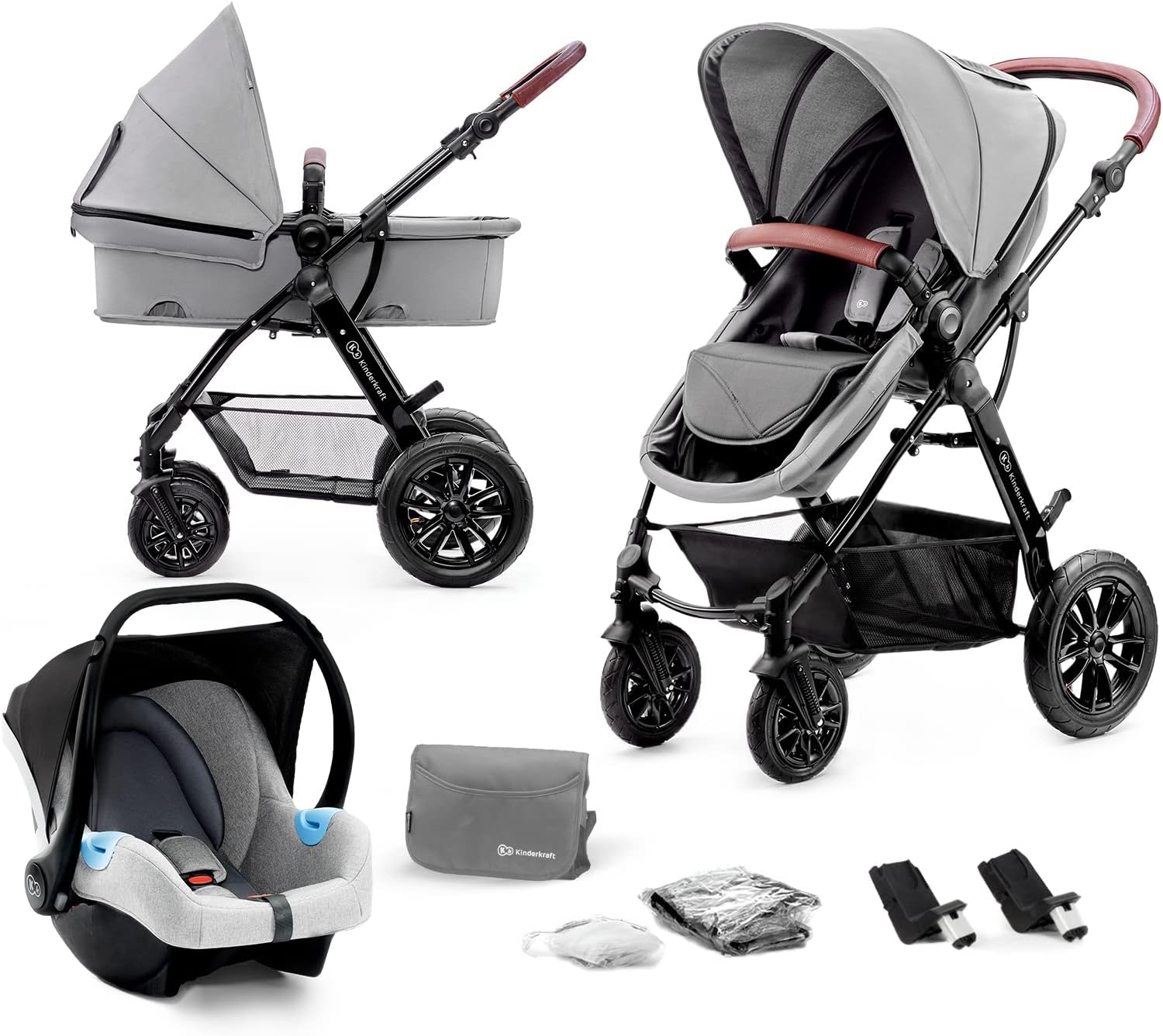 kk Kinderkraft Pram 3 in 1 Set MOOV, Travel System, Baby Pushchair, Rear and Front Facing, Foldable, with Infant Car Seat, Accessories, Rain Cover, Footmuff, Up to 3 Years, Gray