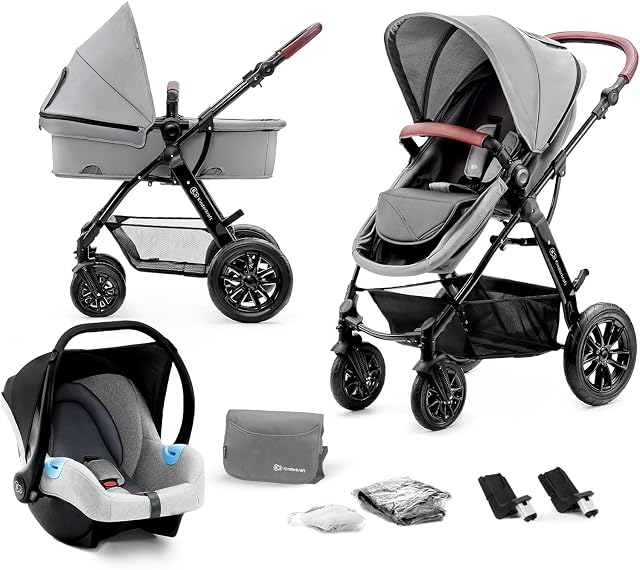 Kinderkraft Pram 3 in 1 Set MOOV, Travel System, Baby Pushchair, Rear and Front Facing, Foldable, with Infant Car Seat, Accessories, Rain Cover, Footmuff, Up to 3 Years, Gray