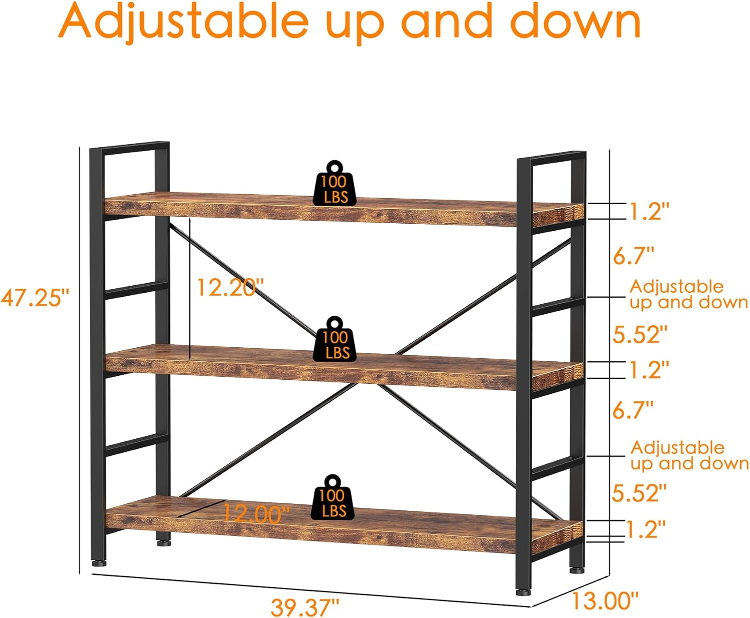 Bookshelf 3 Tier Bookcase Home Office Bookshelves with Height-Adjustable Wooden Board，Storage Organizer for Garage Kit, CDs, Movies，Books，in Bedroom, Living Room，Kitchen，Vintage