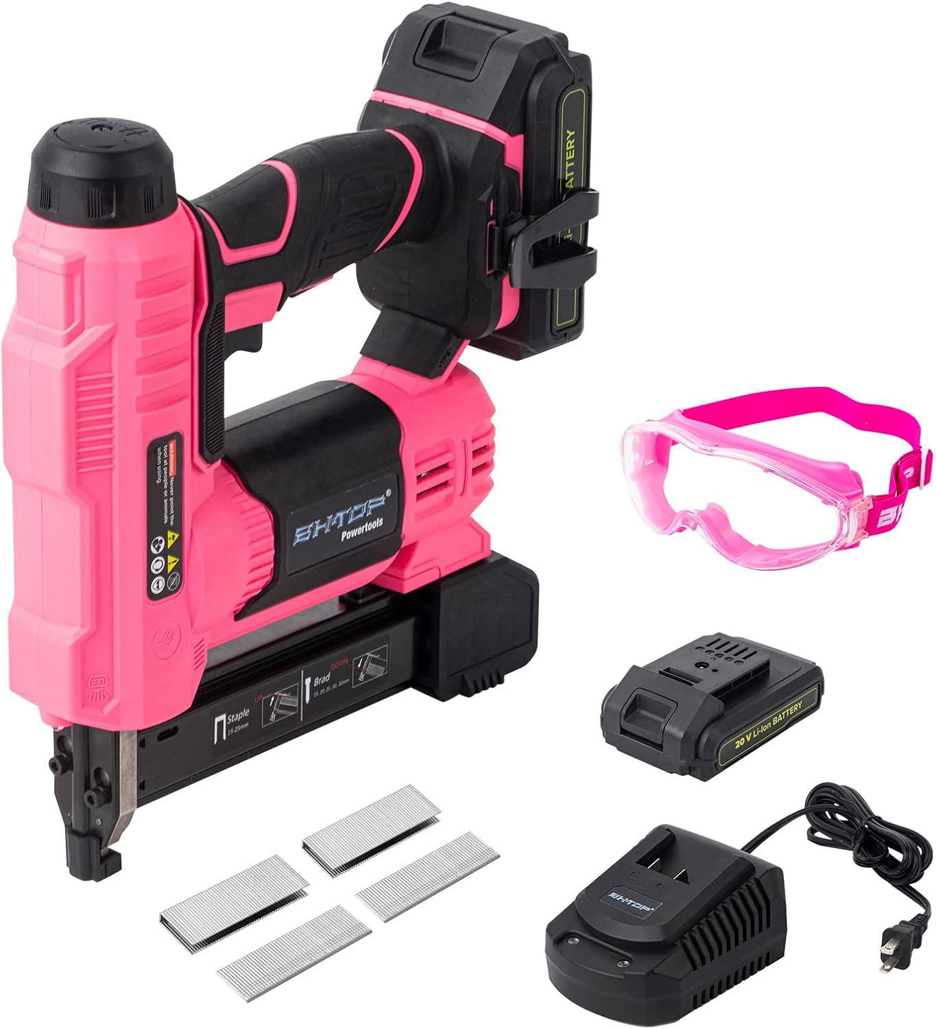 BHTOP 20V Cordless Brad Nailer /Stapler Kit， 18Guage 2 in 1 Cordless