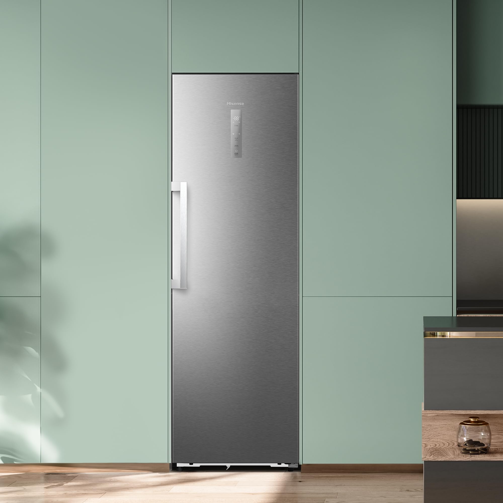 Hisense RL3K370SAIE1 - Frigorífico Una Puerta Total No Frost Kitchen Fit, 372L, 186cm, Ventilación Inferior, Apertura de Puerta 90º, Metal-Tech Cooling, Tirador de Apertura Fácil, WiFi, Inox