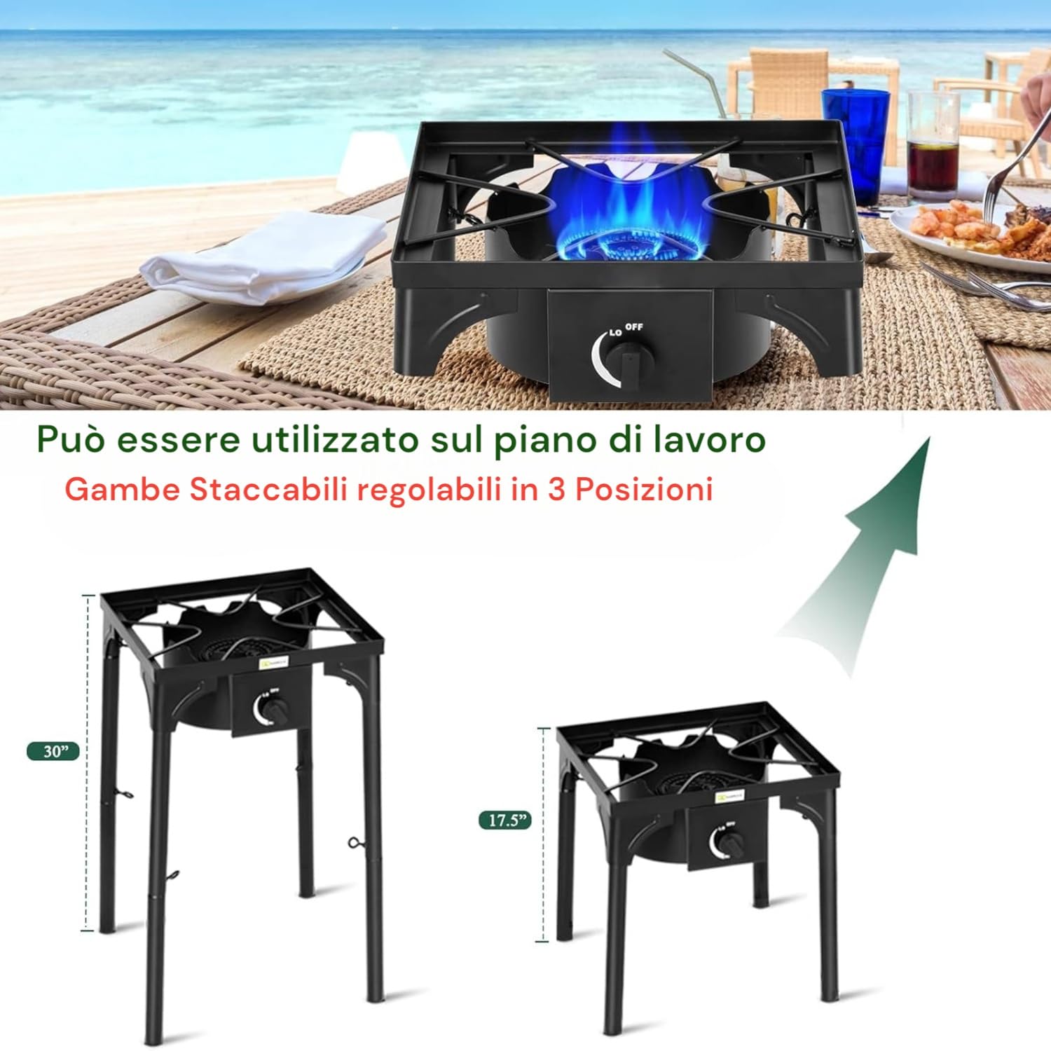 Fornello Fornellone a Gas GPL Bruciatore 40x40cm Accensione Piezoelettrica Gambe Regolabili in 3 Posizioni Fornello da Campeggio, Terrazzo, Esterno