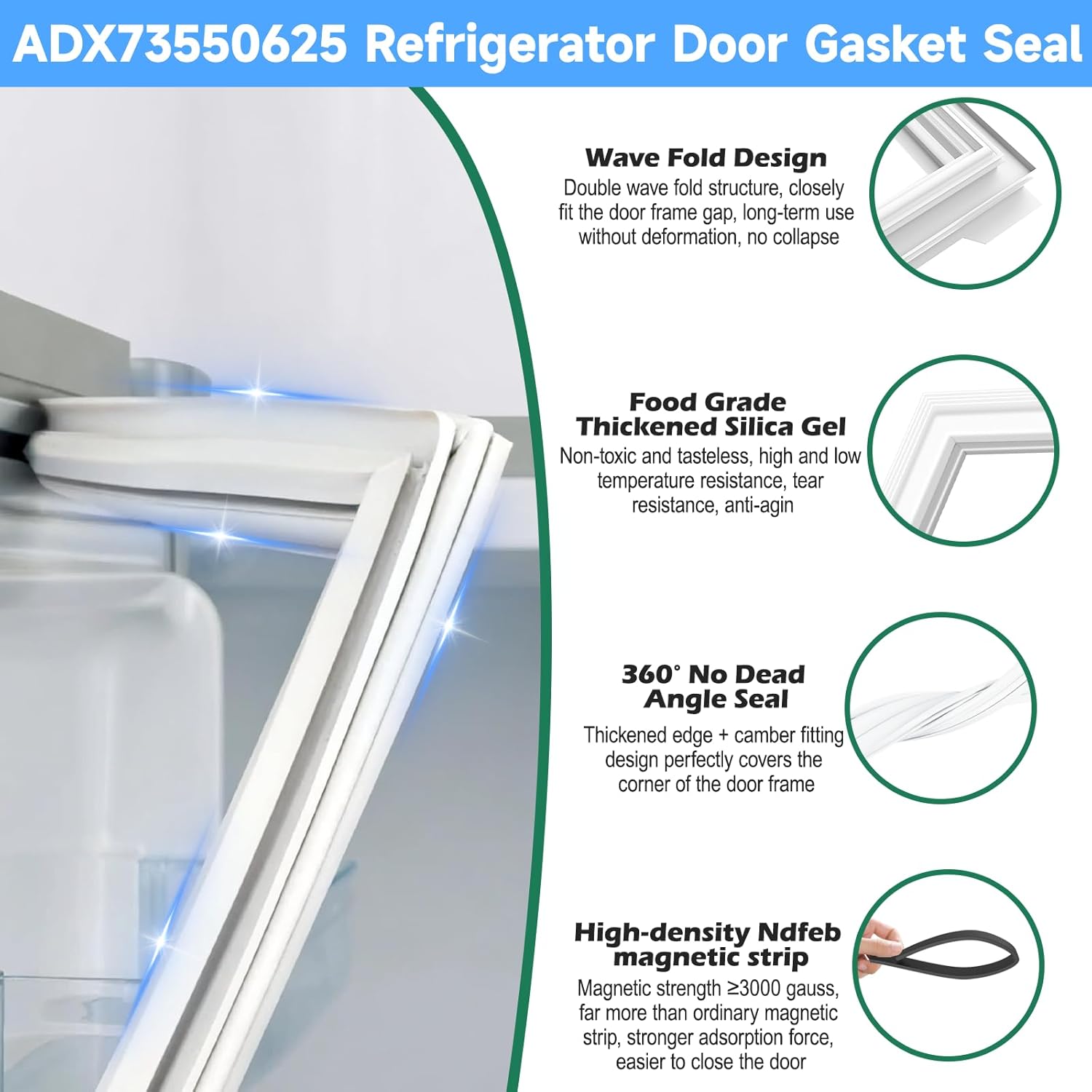 UPGRADED ADX73550625 Refrigerator Door Gasket Replacement Compatible with LG Refrigerator Parts Fridge Door Seal, Replaces Part Number ADX72930406 ADX72930425 2758371 Kenmore Freezer Door Gasket