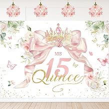 InMemory Quinceanera Mis Quince 15th Birthday Backdrop for Girls Gold and Pink Bow Floral Flower Princess Fifteen 15 Years Old Birthday Theme Party Decoration Banner Photoshoot Background 7x5ft