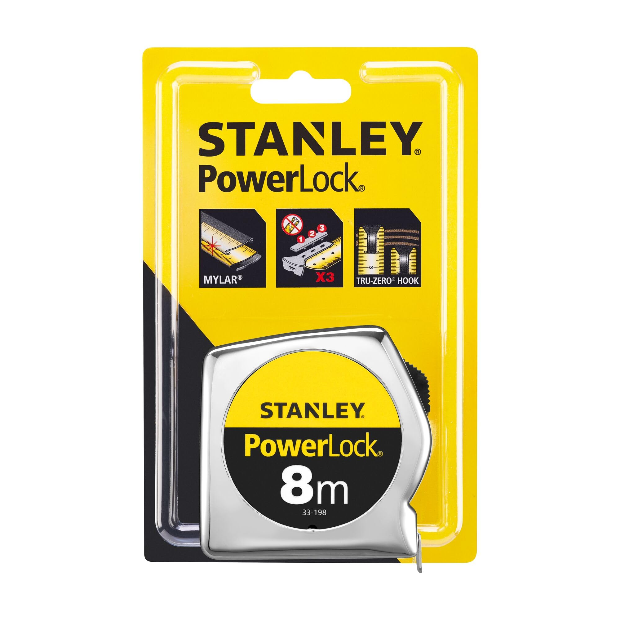 STANLEY 0-33-198 Mesure 8 M X 25 Mm Powerlock Classic Fabriqué En France - Ruban Large - Revêtement Blade Armor Et Mylar - Crochet 3 Rivets - Boitier Abs Antichoc - Blocage De Ruban