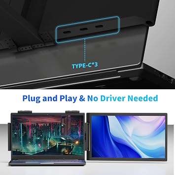 Laptop Triple Screen Extender Monitor Portable 14 inch FHD 1080P IPS Laptop Screen Extender, 3 USB-C Full-featured Plugs for Windows Mac Android Chrome Work with 14”-16” Laptops