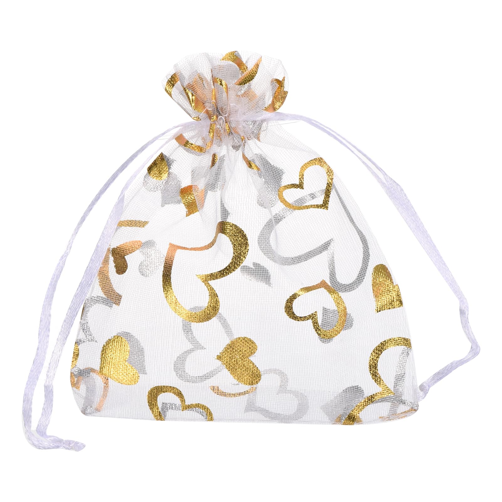 sourcing map Organza Bag 10x12cm,Sheer Heart Mesh Bags White-Gold,50pcs