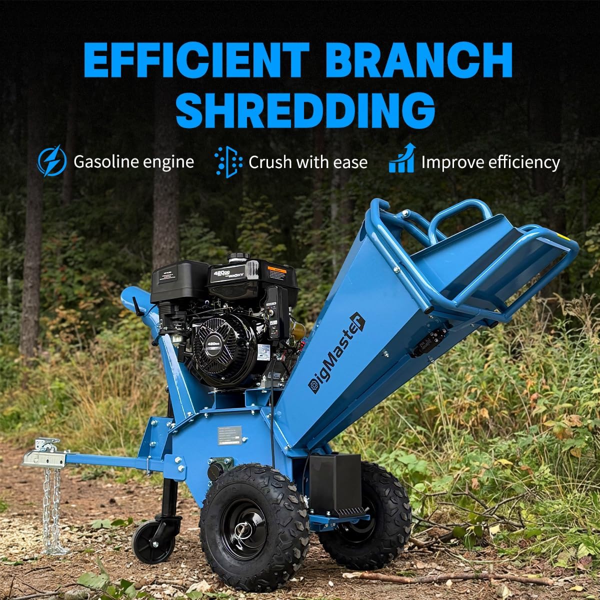 Wood Chipper Shredder, 420cc Gas Powered, 15HP, 5 Inch Cutting Capacity, Electric Start, Heavy Duty Towable Mulcher, Blue