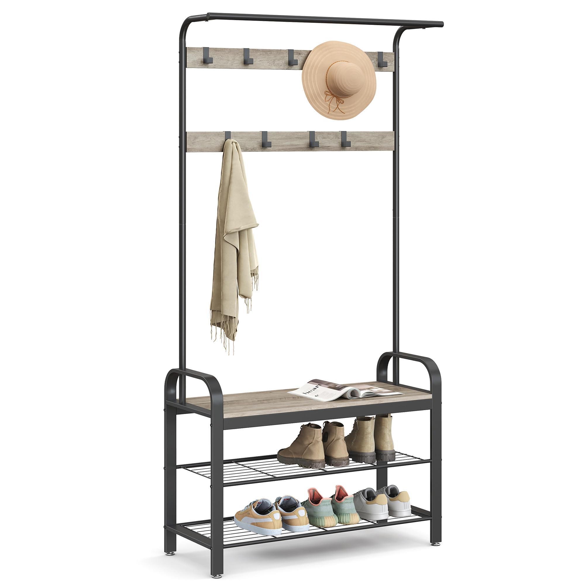 VASAGLE Coat Rack, Coat Stand with Shoe Storage Bench, 4-in-1 Design, with 9 Removable Hooks, a Clothes Rail, for Hallway, Entrance, 33.7 x 84 x 183 cm, Industrial, Greige and Black HSR400B02