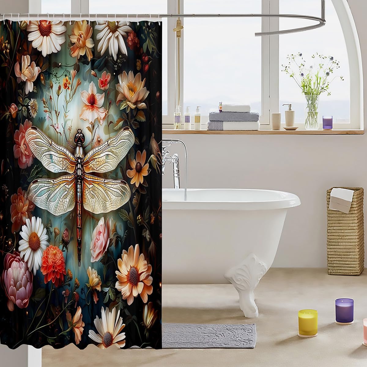Manfei Dragonfly Shower Curtain,Nature Garden Flying Animal Retro Bath Curtain,Daisy Flowers Rustic Blooming Flowers Home Bathroom Decor Polyester Fabric Waterproof 72 x 84 Inches