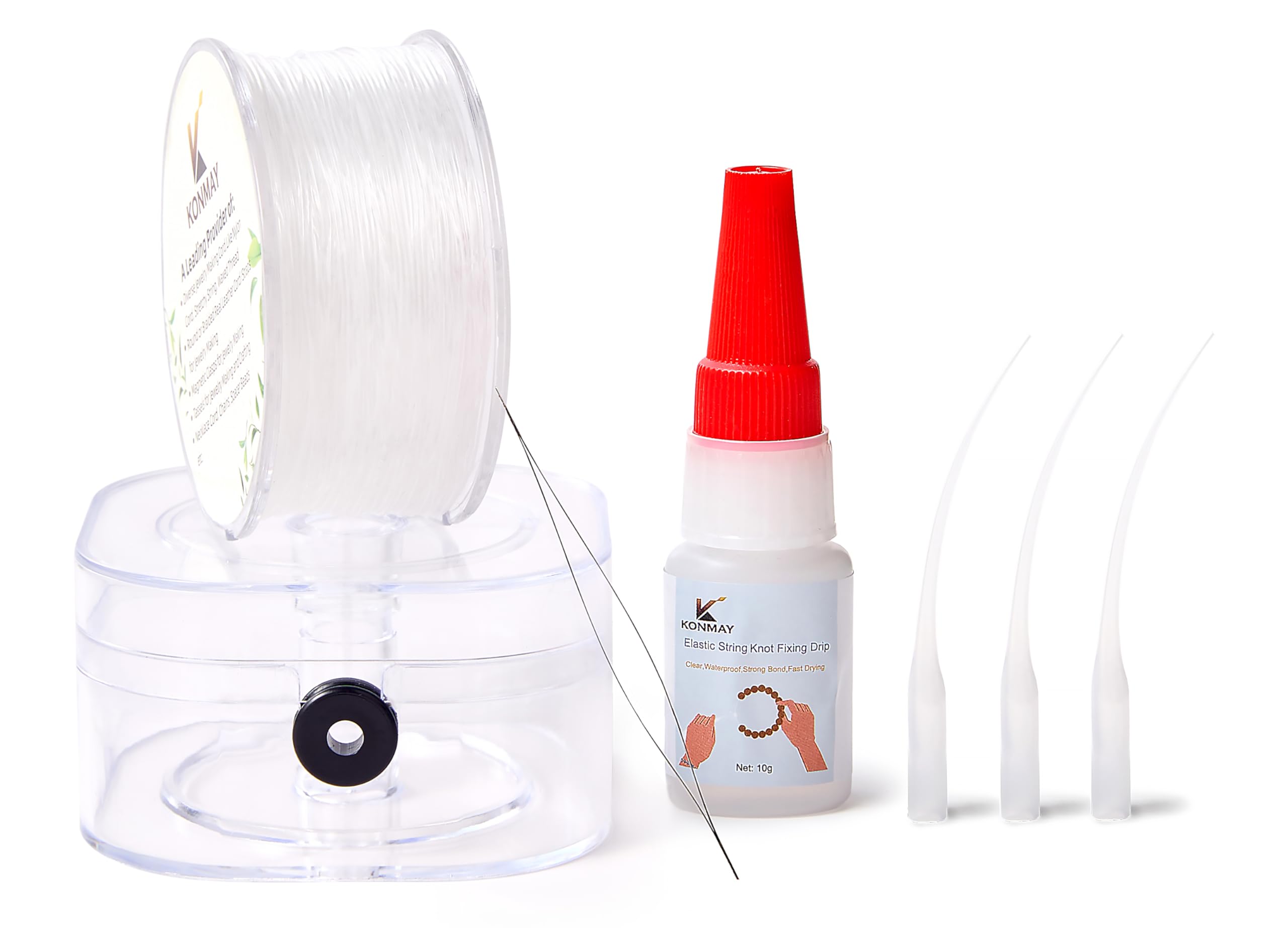 KONMAY0.8mm Crystal Elastic String Bracelet Making Kit-Includes 1 Roll Clear Stretchy Beading Cord, Clear Bracelet Glue for Elastic Knot Fixing Drip, Beading Needles