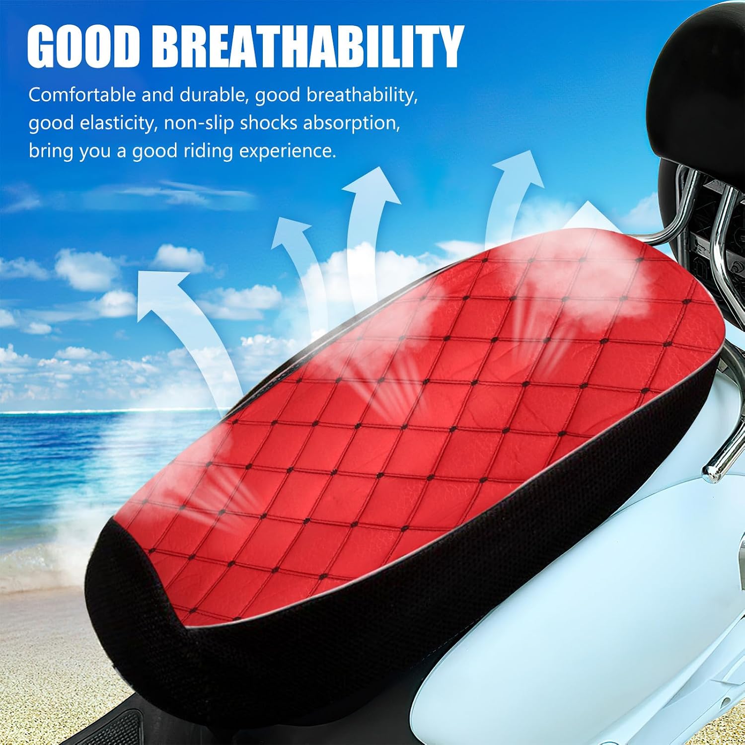 Motorcycle Seat Cushion Cover Red Fabric Breathable Anti-Slip Protector for Scooter and Electric Bike Large Size All-Season Use