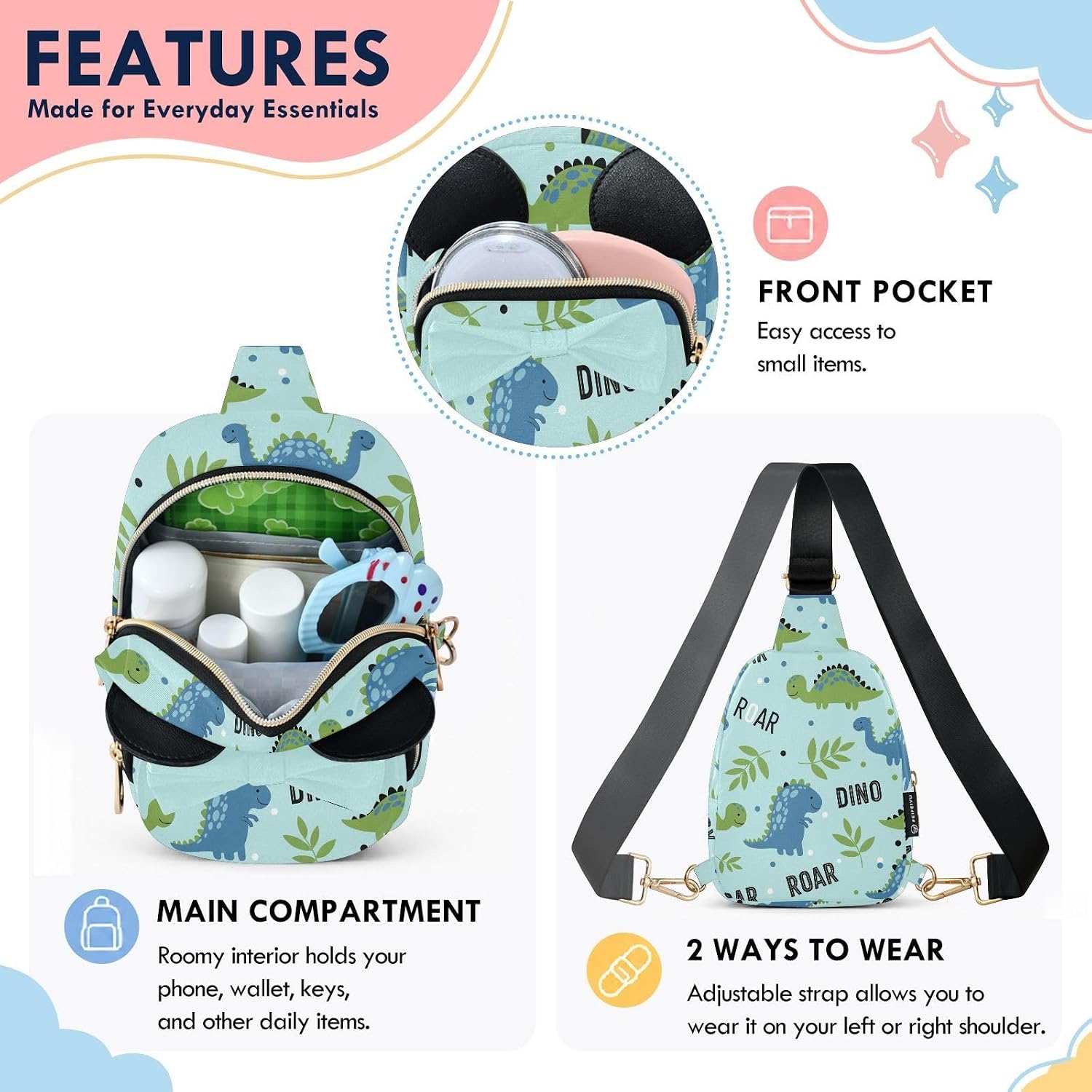 Sinestour Dinosaur Kids Crossbody Bags for Girls, 7.5x3.1x5.7 Inches | Crossbody Fanny Pack, Toddler Purse, Cute Sling Belt Bag with Ears, 2L Small Shoulder Chest Bag for Travel